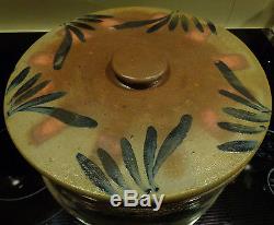 Antique Stoneware Cake Pan Blue Hummingbirds & Tulip Flowers Crock original top