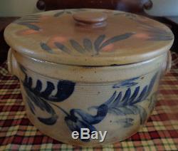 Antique Stoneware Cake Pan Blue Hummingbirds & Tulip Flowers Crock original top