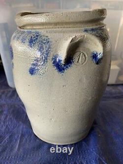 Antique Stoneware Cobalt #1 Crock Jar 1800's unknown maker 9 1/2 tall