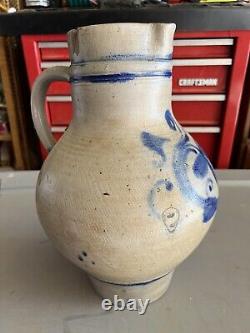 Antique Stoneware Cobalt Crock Water Pitcher 14 unknown maker damaged