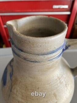 Antique Stoneware Cobalt Crock Water Pitcher 14 unknown maker damaged