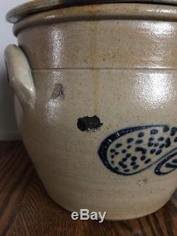 Antique Stoneware Colbalt Lid Beesting Butterfly Design Slip Handles Ovoid