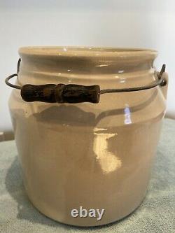 Antique Stoneware Crock Bean Pot With Bail Handle And Lid