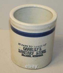 Antique Stoneware Crock Beater Jar Advertises It Pays to Trade at Charley's