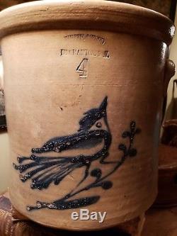 Antique Stoneware Crock Cobalt Bird-on-branch White & wood binghamton ny. 4gal
