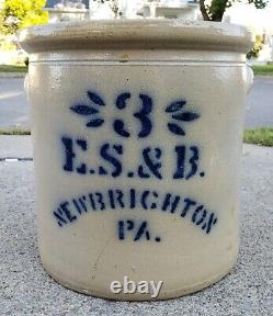 Antique Stoneware Crock E. S. & B. New Brighton PA Cobalt Blue Glazed 3 Gallon