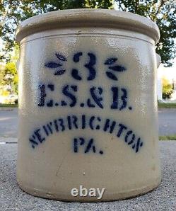 Antique Stoneware Crock E. S. & B. New Brighton PA Cobalt Blue Glazed 3 Gallon