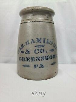 Antique Stoneware Crock, Jas Hamilton & Co Greensboro Pa, Gray With Blue Letters