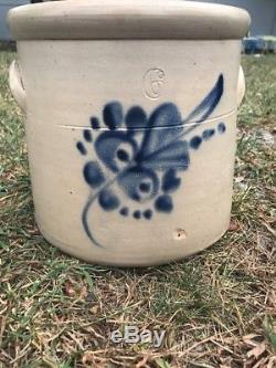 Antique Stoneware Crock Salt Glaze Slip Handles Cobalt Flower 6