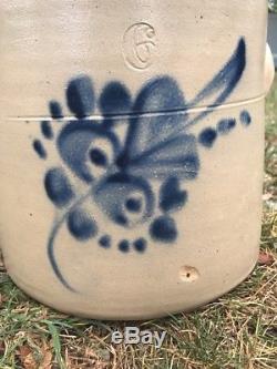 Antique Stoneware Crock Salt Glaze Slip Handles Cobalt Flower 6
