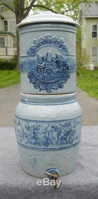 Antique Stoneware Crock WELLNESS Water Purifier Raised Blue Decoration w Gnomes