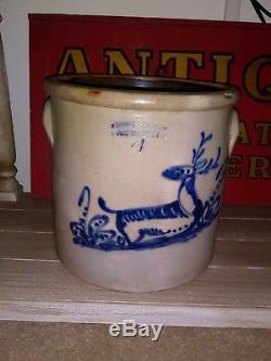 Antique Stoneware Crock with Cobalt Deer Decoration Fort Edward, New York