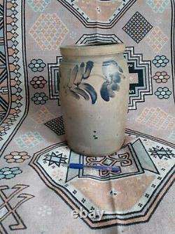 Antique Stoneware Crock with Cobalt. Floral Decoration 12