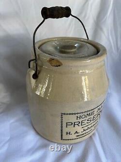 Antique Stoneware Home Made Pure Preserves Crock Jar & lid HA Johnson Boston MA