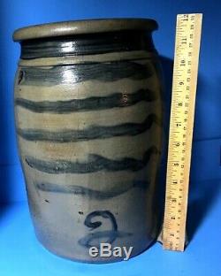Antique Stoneware Jar 6 Cobalt Stripes Freehand 2 Capacity 11+ crack shown