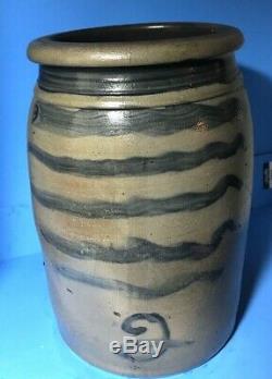 Antique Stoneware Jar 6 Cobalt Stripes Freehand 2 Capacity 11+ crack shown