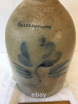 Antique Stoneware Jug Charlestown Mass with Cobalt Flower 1840's Era Excellent