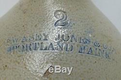 Antique Stoneware Jug Crock Swasey Jones Co Portland Maine 2 gal Blue Print RARE