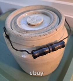 Antique Stoneware Pottery 7.5 Crock with Lid & Wood Bail Handle