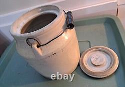 Antique Stoneware Pottery 7.5 Crock with Lid & Wood Bail Handle