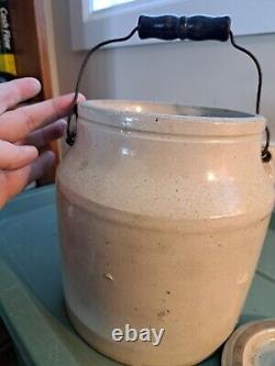 Antique Stoneware Pottery 7.5 Crock with Lid & Wood Bail Handle