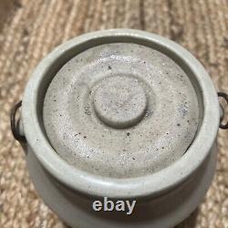 Antique Stoneware Pottery Crock with Lid Bail Handle Black Wood Grip