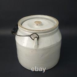 Antique Stoneware Pottery Crock with Lid Bail Handle Black Wood Grip