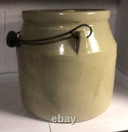 Antique Stoneware Pottery Crock with lid & wire handle 7 H 7 1/2 W