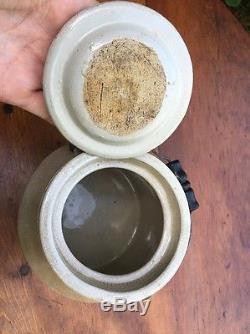 Antique Stoneware Preserves Crock Wire and Wood Handle, H. A. Johnson Boston Mass