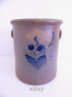 Antique Stoneware Salt Glaze Cobalt Blue Flower 4 Gallon Crock