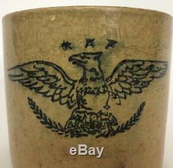 Antique Stoneware Salt Glaze Mustard Crock with Cobalt Blue American Eagle Stars