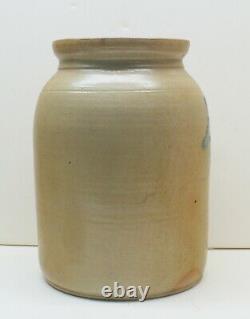 Antique Stoneware Salt Glazed Wax Sealer Crock With Lid 9-3/4 Blue Flower