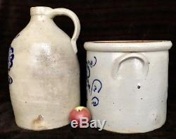 Antique Stoneware Somerset Potters Works 4G Jug & 5G Crock with Cobalt, MA, c1860
