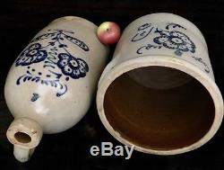 Antique Stoneware Somerset Potters Works 4G Jug & 5G Crock with Cobalt, MA, c1860