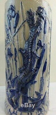 Antique Stoneware Umbrella Stand Cobalt Molded Relief Alligator & Foliage