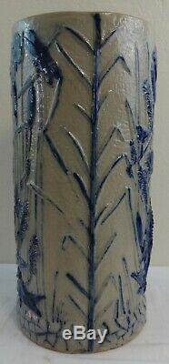 Antique Stoneware Umbrella Stand Cobalt Molded Relief Alligator & Foliage