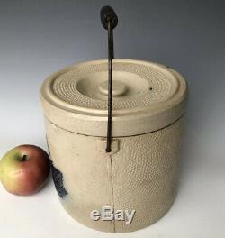 Antique Stoneware Whites Utica NY Butter Crock Lidded Canister with Cobalt Leaves
