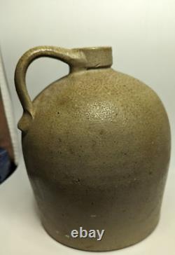 Antique Used Stoneware Pottery Handled Crock 10 Tall