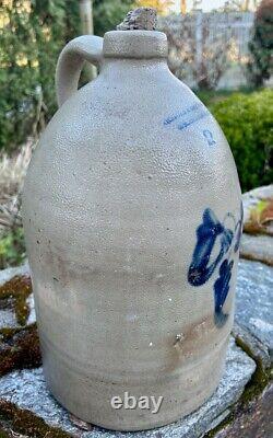 Antique Vermont Burlington Nichols Boynton Salt Glaze Blue Stoneware Jug Crock