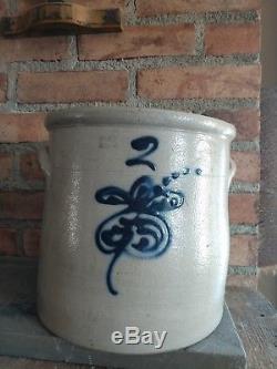 Antique Vintage 2 Gallon Stoneware Crock Blue Decorated