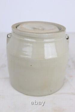 Antique Vintage Clear Glazed Stoneware Lidded Crock Jar 7.25 T x 8 D