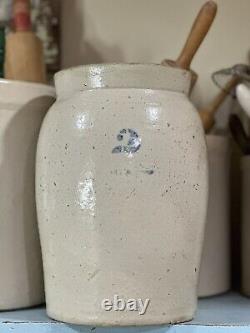 Antique Vintage Salt Glazed Blue Cobalt Crock #2 Pottery Stoneware 11.5 tall