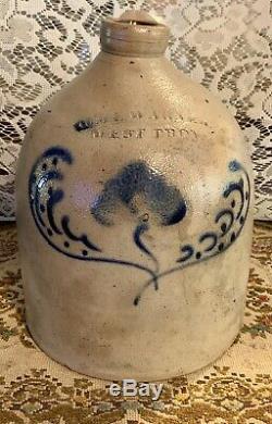 Antique West Troy NY Blue Flower Decorated Crock Jug Stoneware Rare Warner Nice