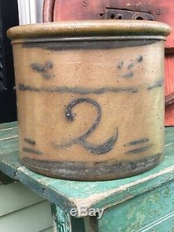 Antique Western Pa 2 Gal Decorated Cobalt Blue Stoneware Cake Or Butter Crock