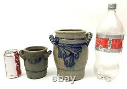 Antique Westerwald Salt Glazed Cobalt Stoneware Handled Crocks 8.5/5.25 German