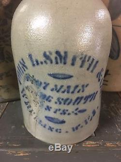 Antique Wheeling West Virginia W Va, 1 Gal Stoneware Whiskey Crock Jug, L Smith
