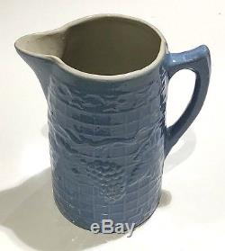 Antique White Hall Stoneware Illinois Pottery Blue Grape & Trellis 8 1/4 Pitcher