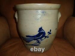 Antique White & Wood Cobalt Blue Bird Decorated 4 Gallon Stoneware Crock, (j1)