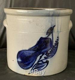 Antique White's Utica Salt Glazed Stoneware 2G Cobalt Blue Decorated Crock AAFA