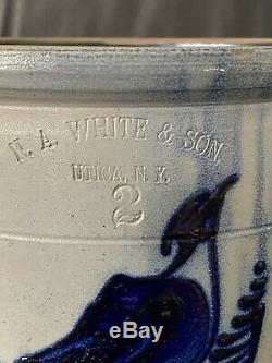 Antique White's Utica Salt Glazed Stoneware 2G Cobalt Blue Decorated Crock AAFA